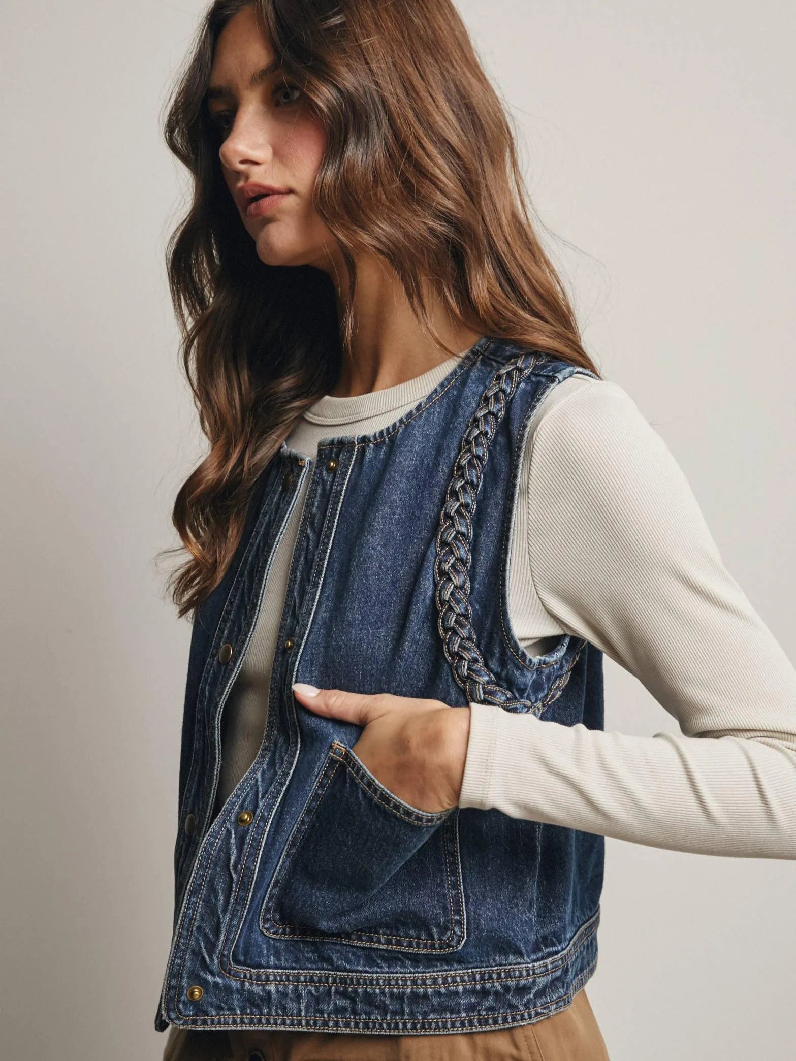 Western Soul Vintage Wash Braided Denim Vest-vest-Shop Z & Joxa