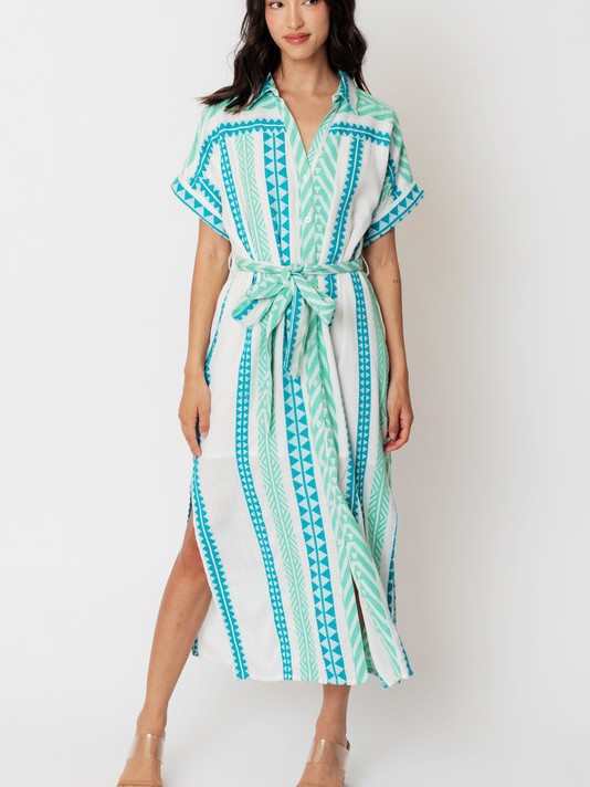 Where the Sky Touches the Sea Striped Button Down Midi Belt Dress-Women's Clothing-Shop Z & Joxa