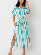 Where the Sky Touches the Sea Striped Button Down Midi Belt Dress-Women's Clothing-Shop Z & Joxa