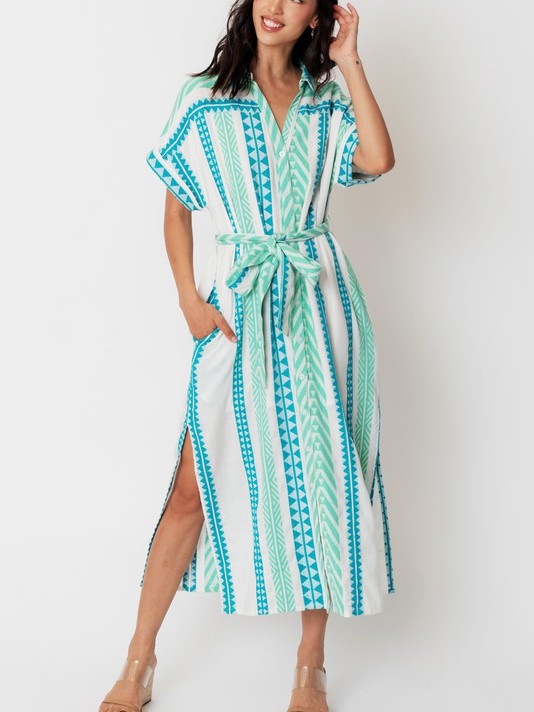 Where the Sky Touches the Sea Striped Button Down Midi Belt Dress-Women's Clothing-Shop Z & Joxa