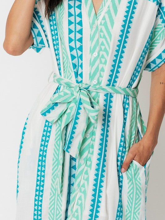 Where the Sky Touches the Sea Striped Button Down Midi Belt Dress-Women's Clothing-Shop Z & Joxa