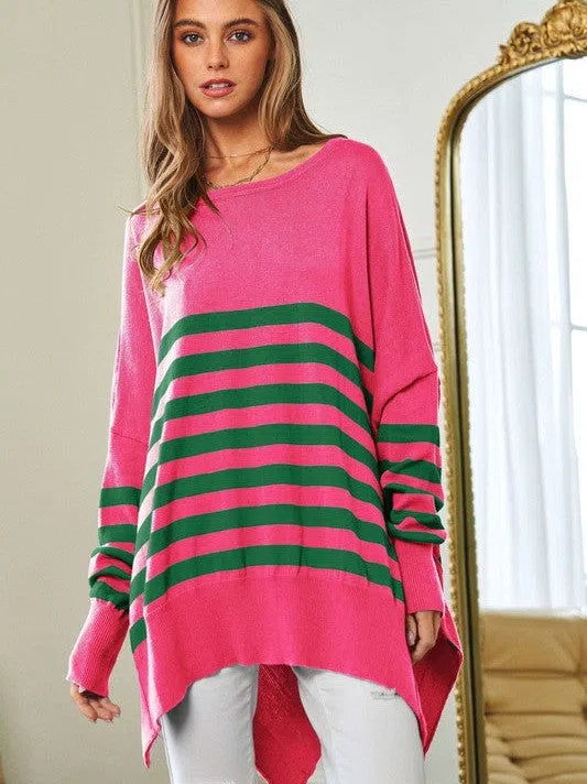 Where's Your Heart At Striped Elbow Patch Poncho Sweater Top-Women's Clothing-Shop Z & Joxa