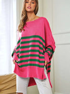 Where's Your Heart At Striped Elbow Patch Poncho Sweater Top-Women's Clothing-Shop Z & Joxa