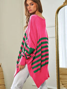 Where's Your Heart At Striped Elbow Patch Poncho Sweater Top-Women's Clothing-Shop Z & Joxa