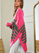 Where's Your Heart At Striped Elbow Patch Poncho Sweater Top-Women's Clothing-Shop Z & Joxa