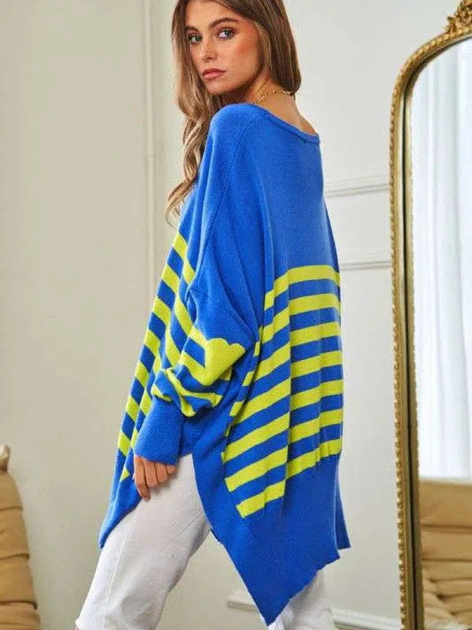 Where's Your Heart At Striped Elbow Patch Poncho Sweater Top-Women's Clothing-Shop Z & Joxa