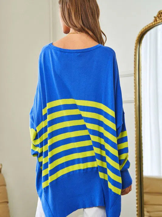 Where's Your Heart At Striped Elbow Patch Poncho Sweater Top-Women's Clothing-Shop Z & Joxa