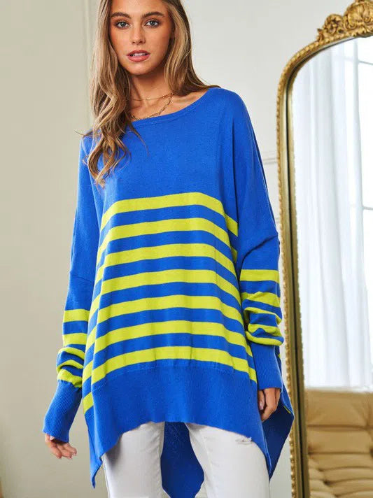 Where's Your Heart At Striped Elbow Patch Poncho Sweater Top-Women's Clothing-Shop Z & Joxa