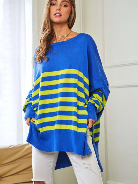 Where's Your Heart At Striped Elbow Patch Poncho Sweater Top-Women's Clothing-Shop Z & Joxa