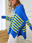 Where's Your Heart At Striped Elbow Patch Poncho Sweater Top-Women's Clothing-Shop Z & Joxa