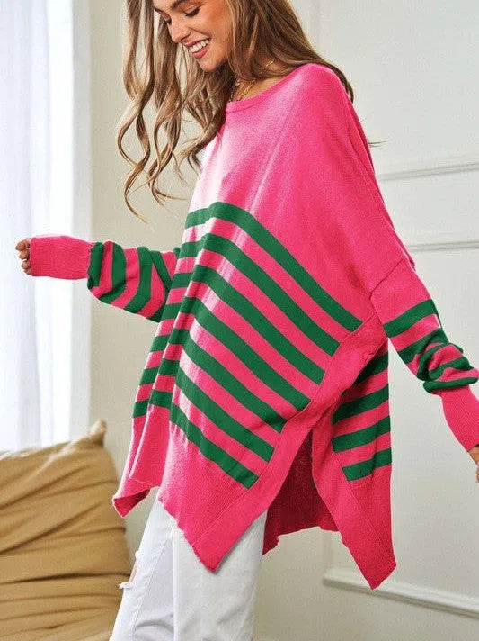 Where's Your Heart At Striped Elbow Patch Poncho Sweater Top-Women's Clothing-Shop Z & Joxa