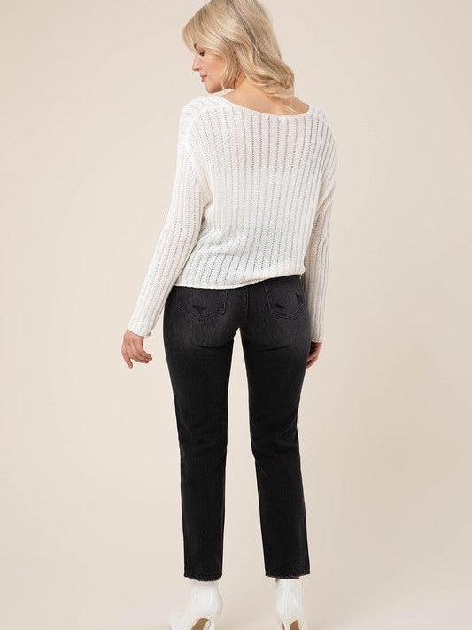 White Noise Ribbed Knit V-neck Sweater-Women's Clothing-Shop Z & Joxa