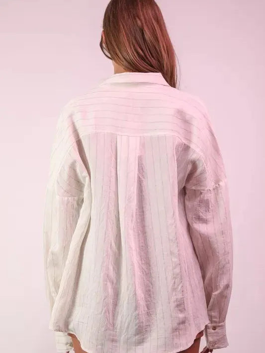 White Sand Oversized Striped Long Sleeve Shirt by VERY J-Women's Shirts & Tops-Shop Z & Joxa