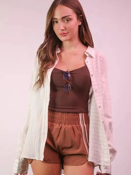 White Sand Oversized Striped Long Sleeve Shirt by VERY J-Women's Shirts & Tops-Shop Z & Joxa