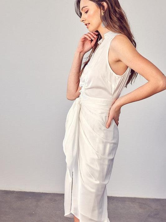 White Satin Sleeveless Collared Dress-Women's Clothing-Shop Z & Joxa