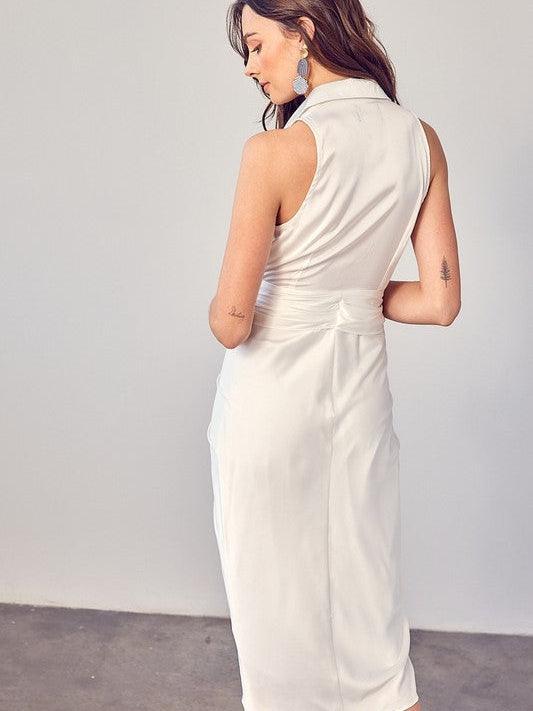 White Satin Sleeveless Collared Dress-Women's Clothing-Shop Z & Joxa