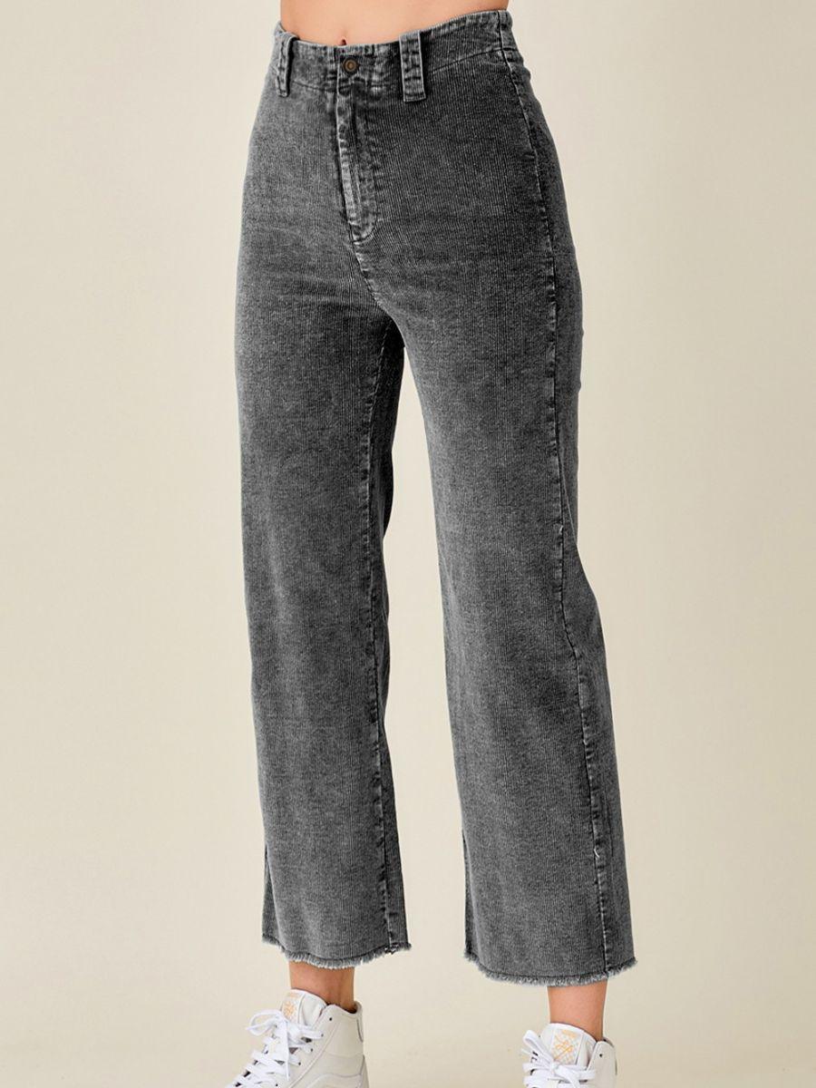 Wide Leg Washed Denim Look High Rise Corduroy Pants-Women's Clothing-Shop Z & Joxa