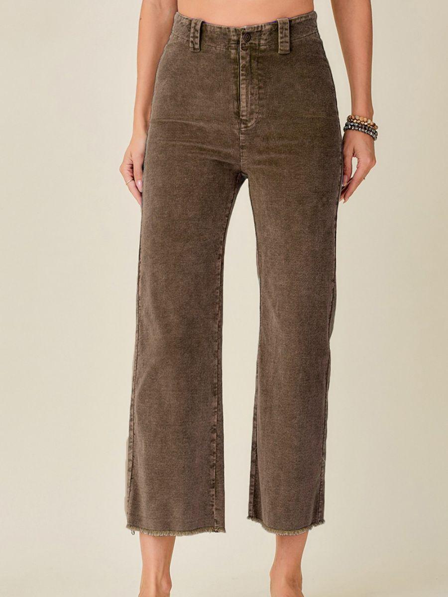 Wide Leg Washed Denim Look High Rise Corduroy Pants-Women's Clothing-Shop Z & Joxa