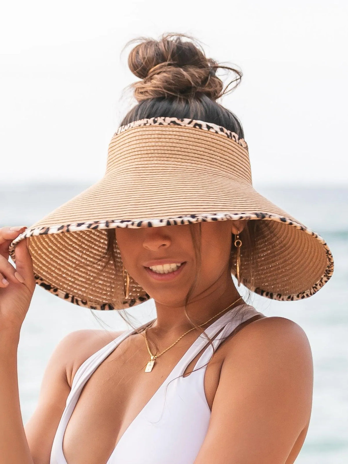 Wild About Sunshine Leopard Trim Foldable Bow Visors-Women's Accessories-Shop Z & Joxa