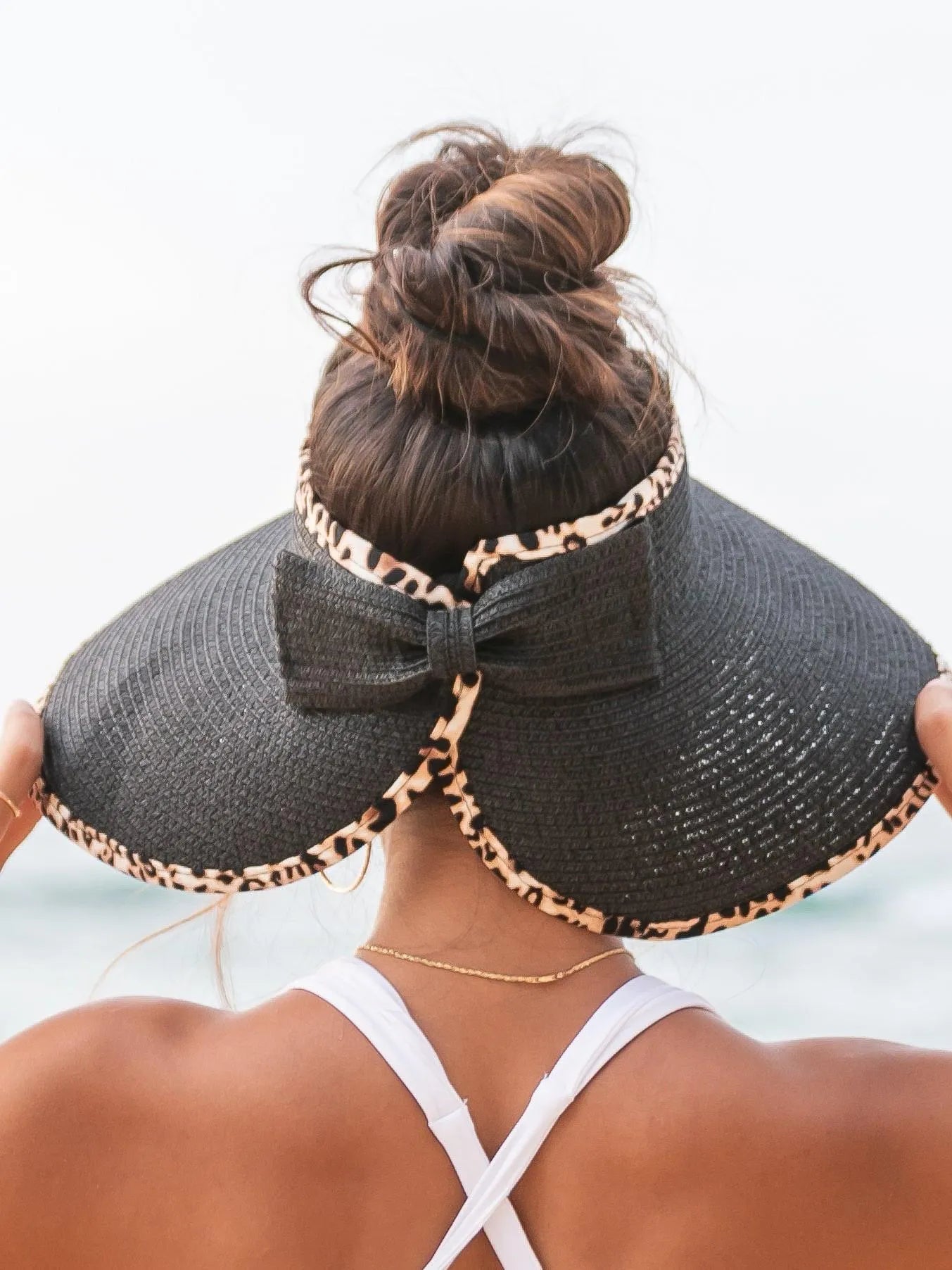 Wild About Sunshine Leopard Trim Foldable Bow Visors-Women's Accessories-Shop Z & Joxa
