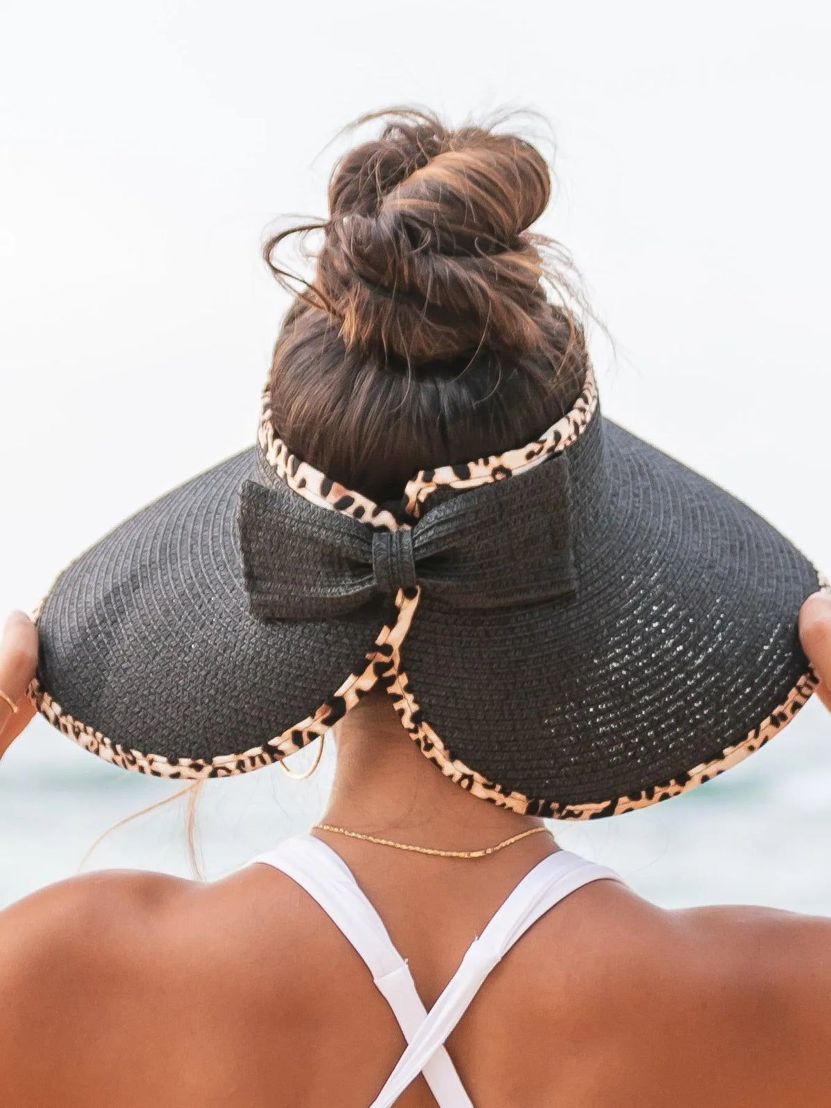 Wild About Sunshine Leopard Trim Foldable Bow Visors-Women's Accessories-Shop Z & Joxa