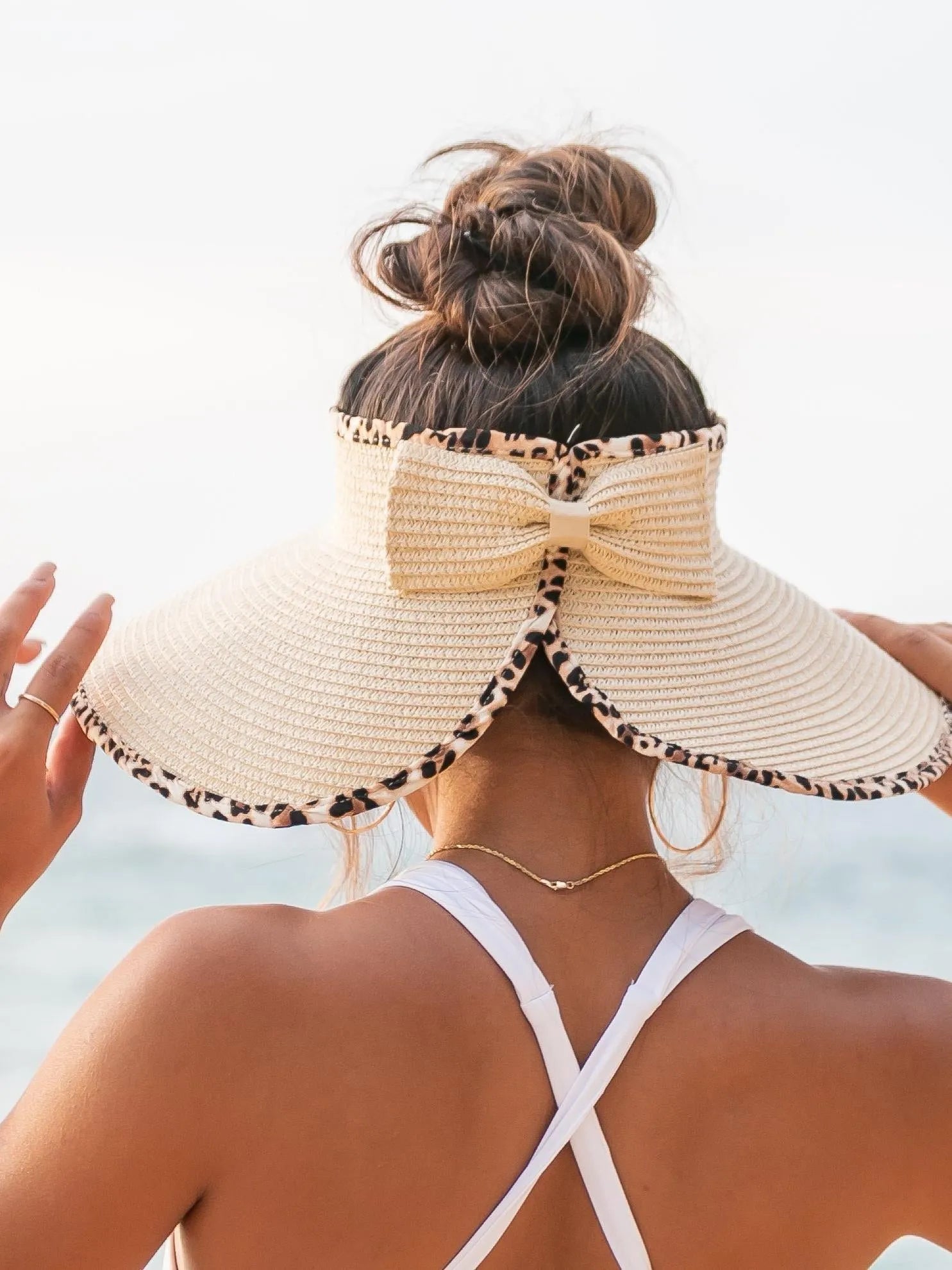 Wild About Sunshine Leopard Trim Foldable Bow Visors-Women's Accessories-Shop Z & Joxa