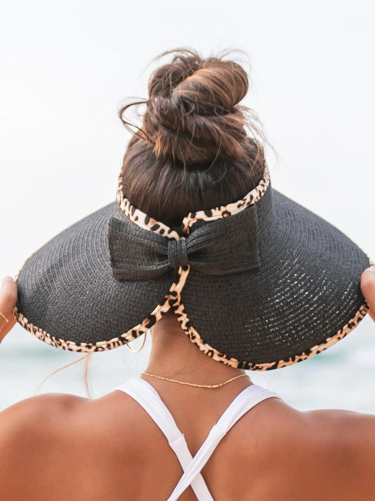 Wild About Sunshine Leopard Trim Foldable Bow Visors-Women's Accessories-Shop Z & Joxa