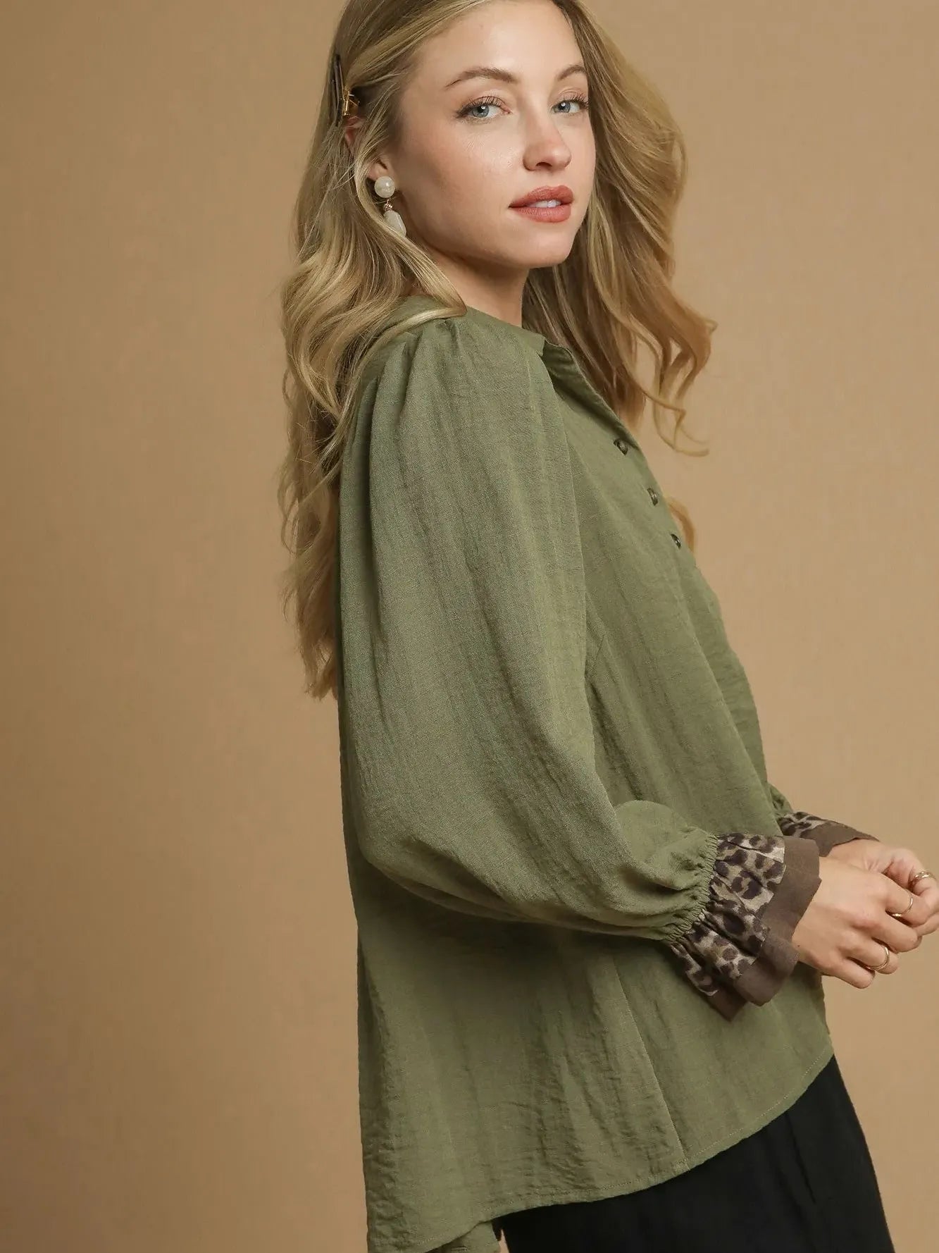 Wild Touch Olive Half Button Blouse by Umgee-Women's Shirts & Tops-Shop Z & Joxa