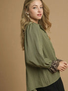 Wild Touch Olive Half Button Blouse by Umgee-Women's Shirts & Tops-Shop Z & Joxa