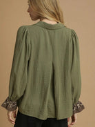 Wild Touch Olive Half Button Blouse by Umgee-Women's Shirts & Tops-Shop Z & Joxa
