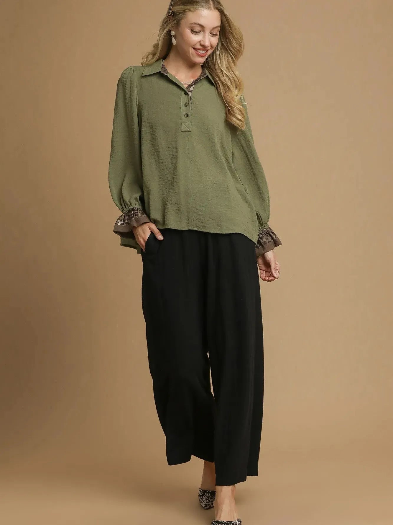 Wild Touch Olive Half Button Blouse by Umgee-Women's Shirts & Tops-Shop Z & Joxa