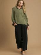 Wild Touch Olive Half Button Blouse by Umgee-Women's Shirts & Tops-Shop Z & Joxa