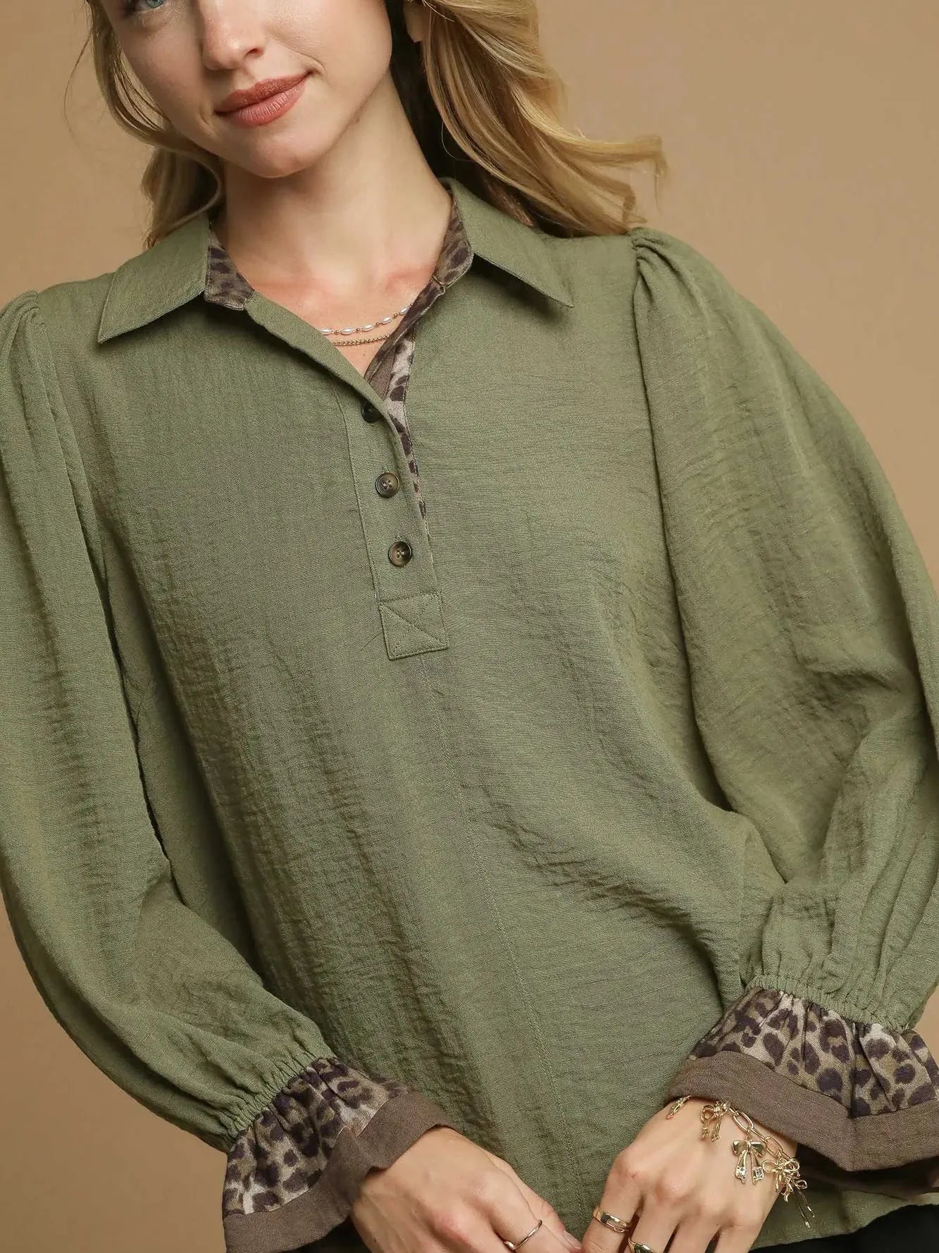 Wild Touch Olive Half Button Blouse by Umgee-Women's Shirts & Tops-Shop Z & Joxa