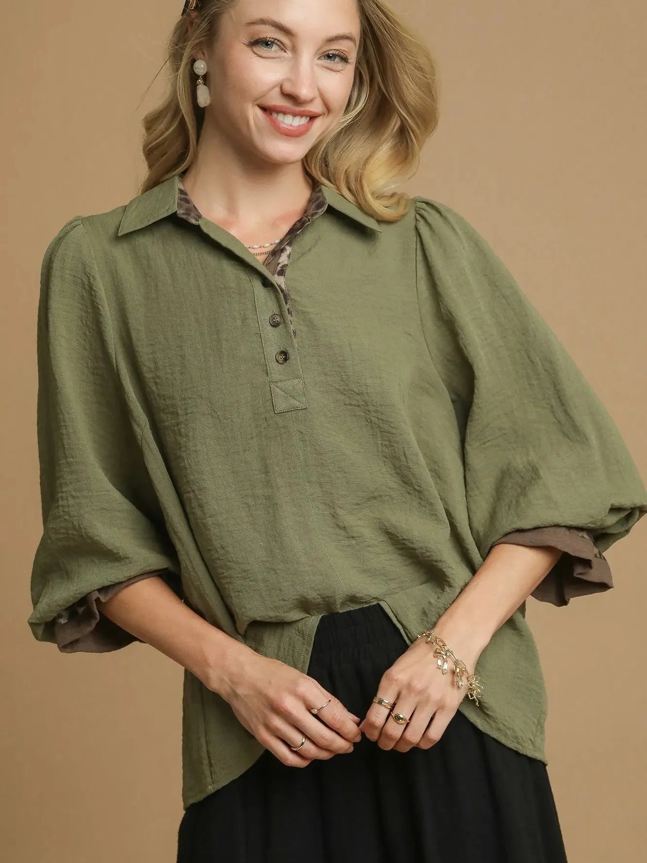 Wild Touch Olive Half Button Blouse by Umgee-Women's Shirts & Tops-Shop Z & Joxa