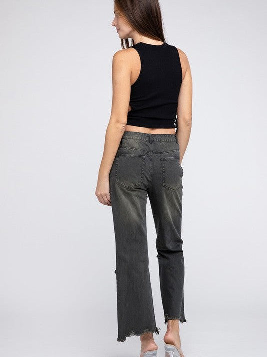 Worn In Retro Vibes Distressed and Cropped Wide Leg Washed Pants-Women's Clothing-Shop Z & Joxa