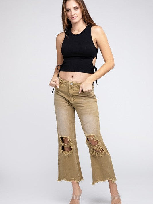 Worn In Retro Vibes Distressed and Cropped Wide Leg Washed Pants-Women's Clothing-Shop Z & Joxa