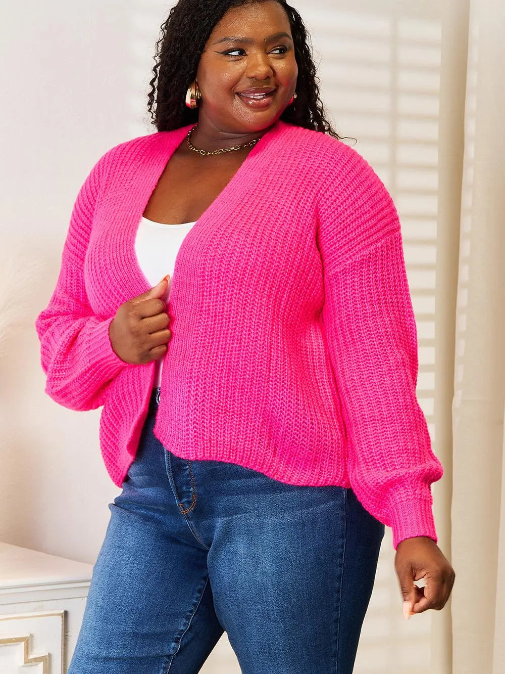 Woven Right Pink Crush Rib-Knit Open Front Cardigan-Women's Shirts & Tops-Shop Z & Joxa