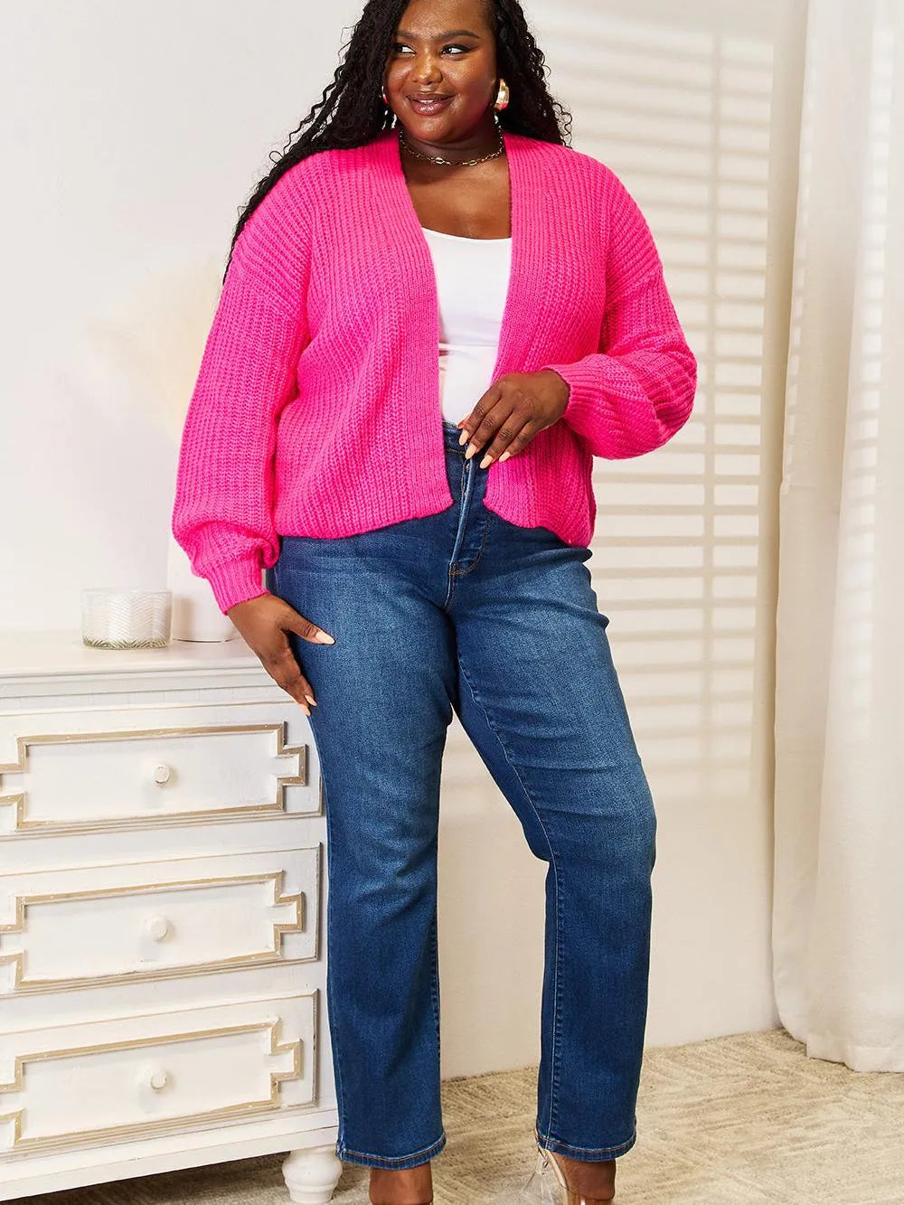 Woven Right Pink Crush Rib-Knit Open Front Cardigan-Women's Shirts & Tops-Shop Z & Joxa