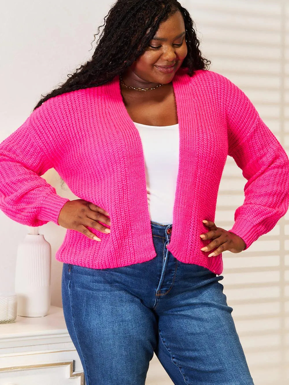 Woven Right Pink Crush Rib-Knit Open Front Cardigan-Women's Shirts & Tops-Shop Z & Joxa