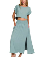 Zenana Make it Stylish Heavy Woven Cropped Tee & Skirt Set-Women's Sets-Shop Z & Joxa