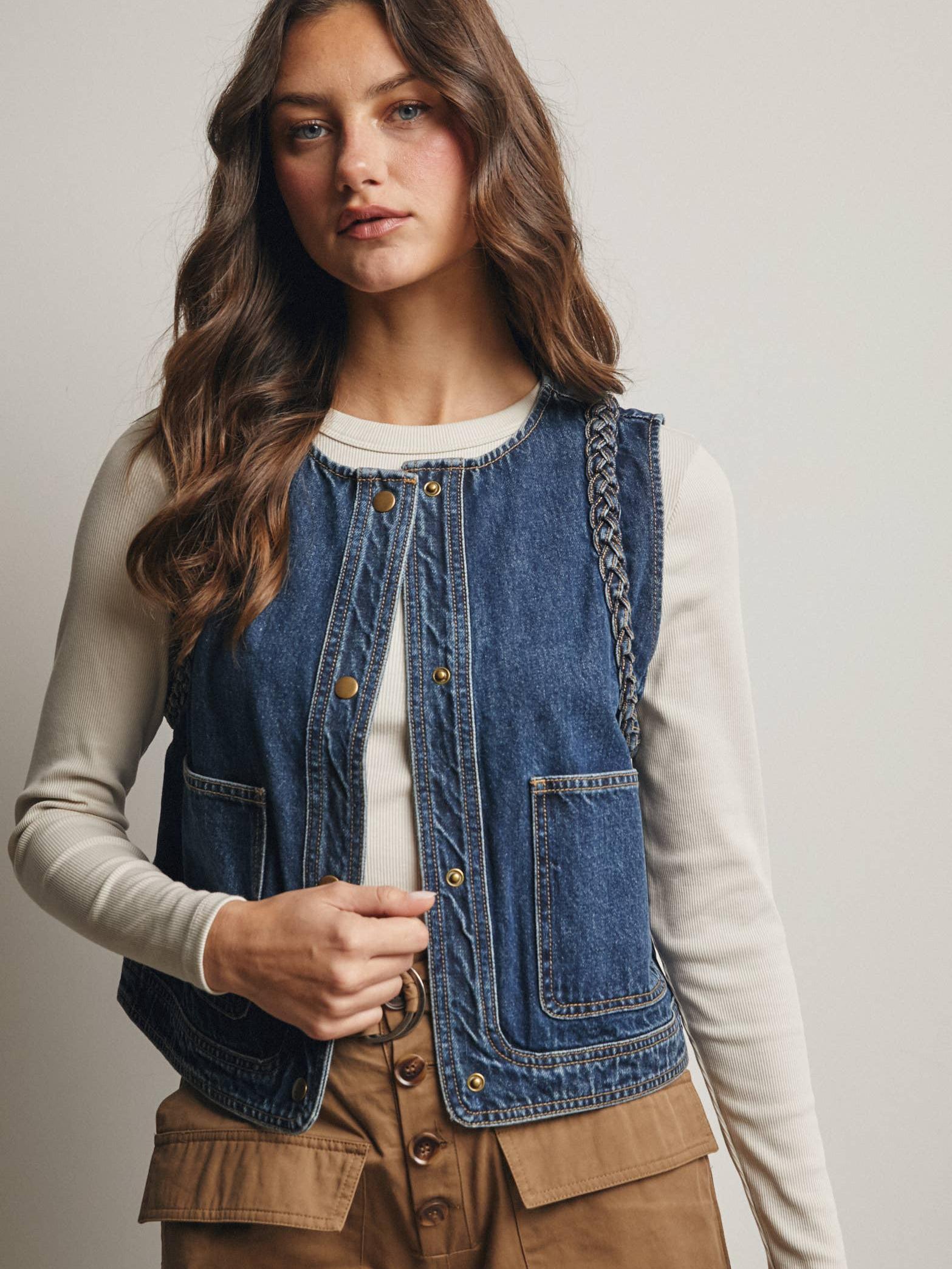 Western Soul Vintage Wash Braided Denim Vest
