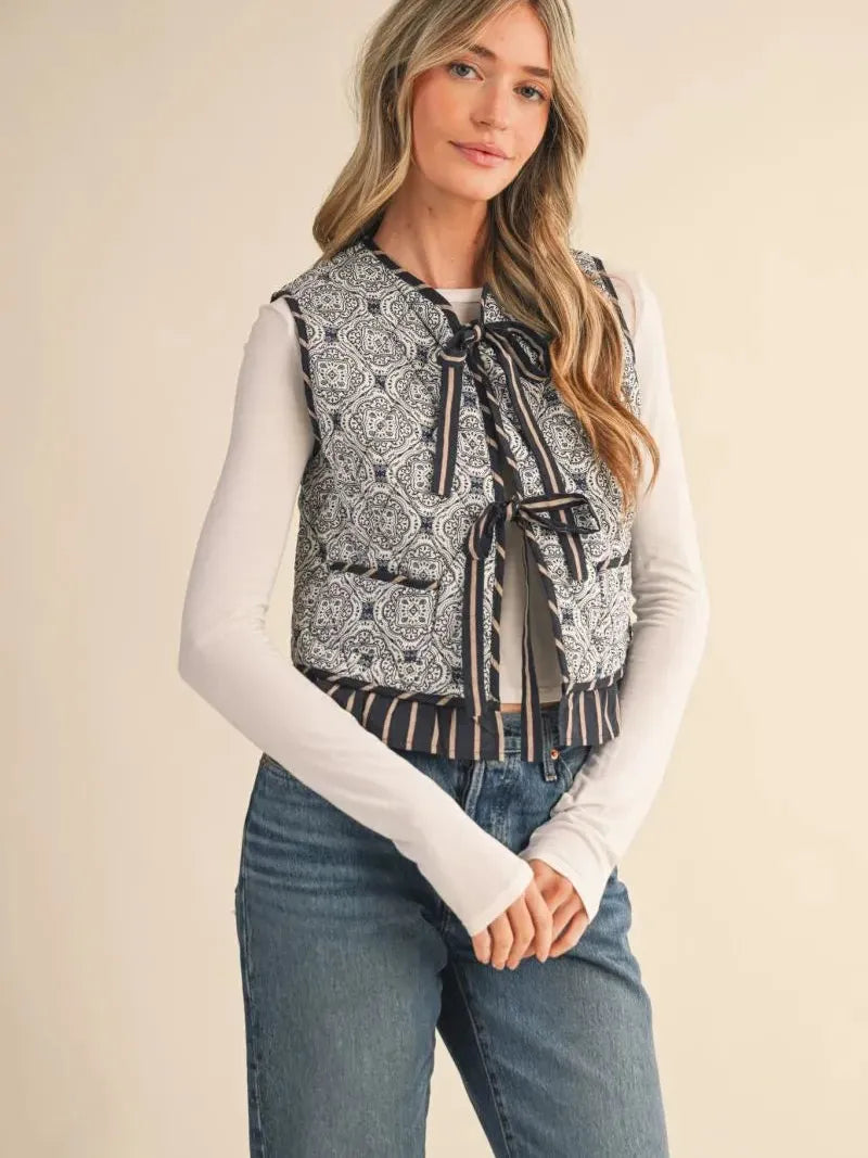 Prints Charming Navy Ruffle Trim Tie Front Quilted Vest-Women's Outerwear-Shop Z & Joxa