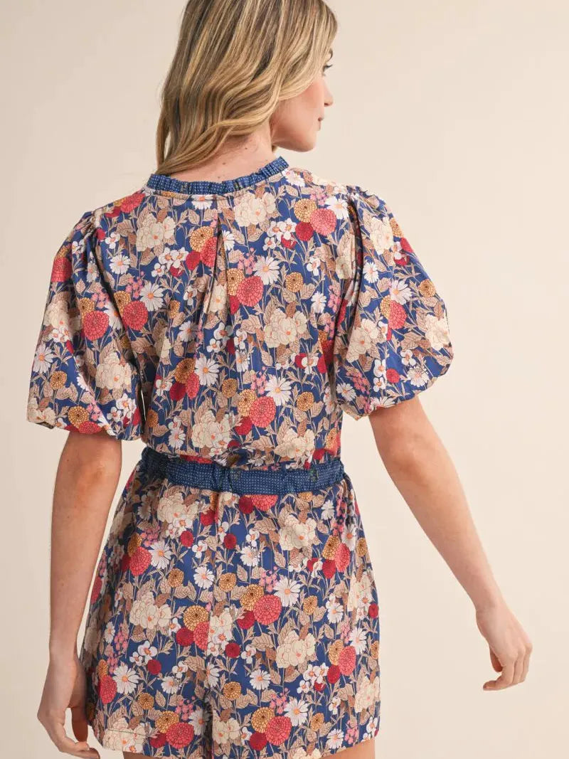 Field of Dreams Blue Floral Bubble Sleeve Romper-Women's Rompers-Shop Z & Joxa