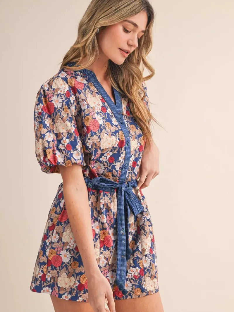 Field of Dreams Blue Floral Bubble Sleeve Romper-Women's Rompers-Shop Z & Joxa