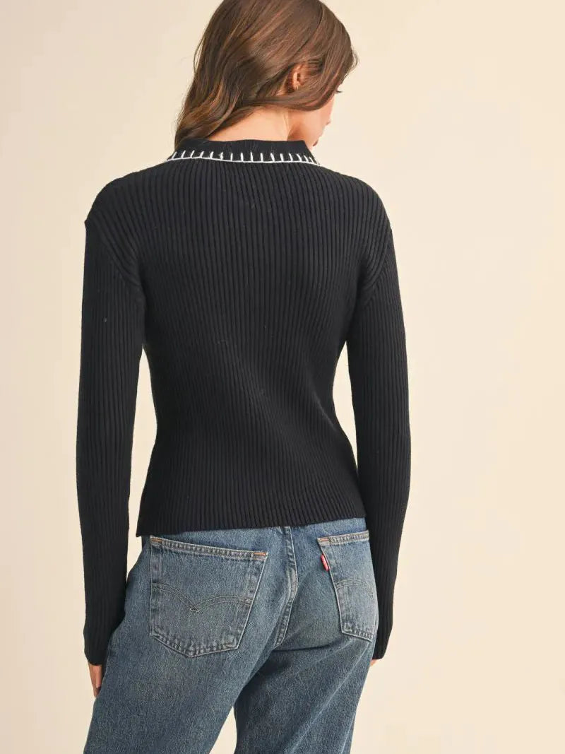 Polished Edge Black Contrast Stitch Collared Ribbed Sweater-Women's Shirts & Tops-Shop Z & Joxa