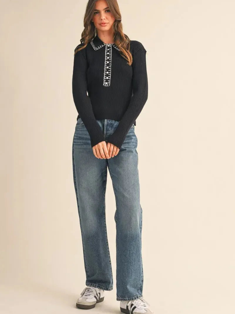 Polished Edge Black Contrast Stitch Collared Ribbed Sweater-Women's Shirts & Tops-Shop Z & Joxa
