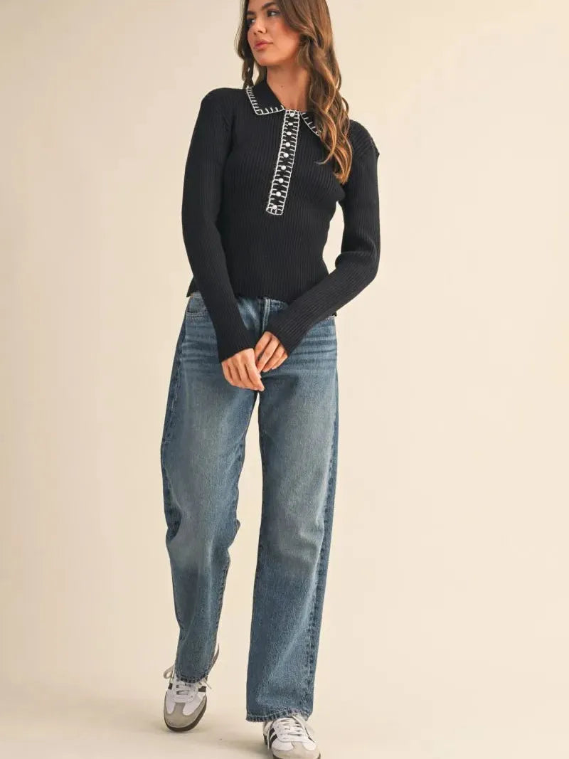 Polished Edge Black Contrast Stitch Collared Ribbed Sweater-Women's Shirts & Tops-Shop Z & Joxa