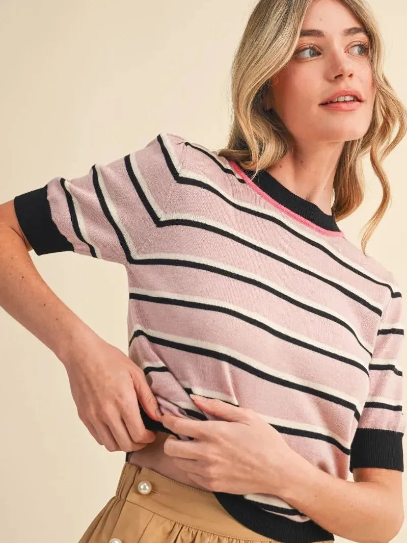 Stripe It Up Pink & Black Short Sleeve Knit Sweater Top-Women's Shirts & Tops-Shop Z & Joxa