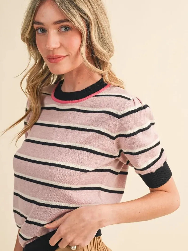 Stripe It Up Pink & Black Short Sleeve Knit Sweater Top-Women's Shirts & Tops-Shop Z & Joxa