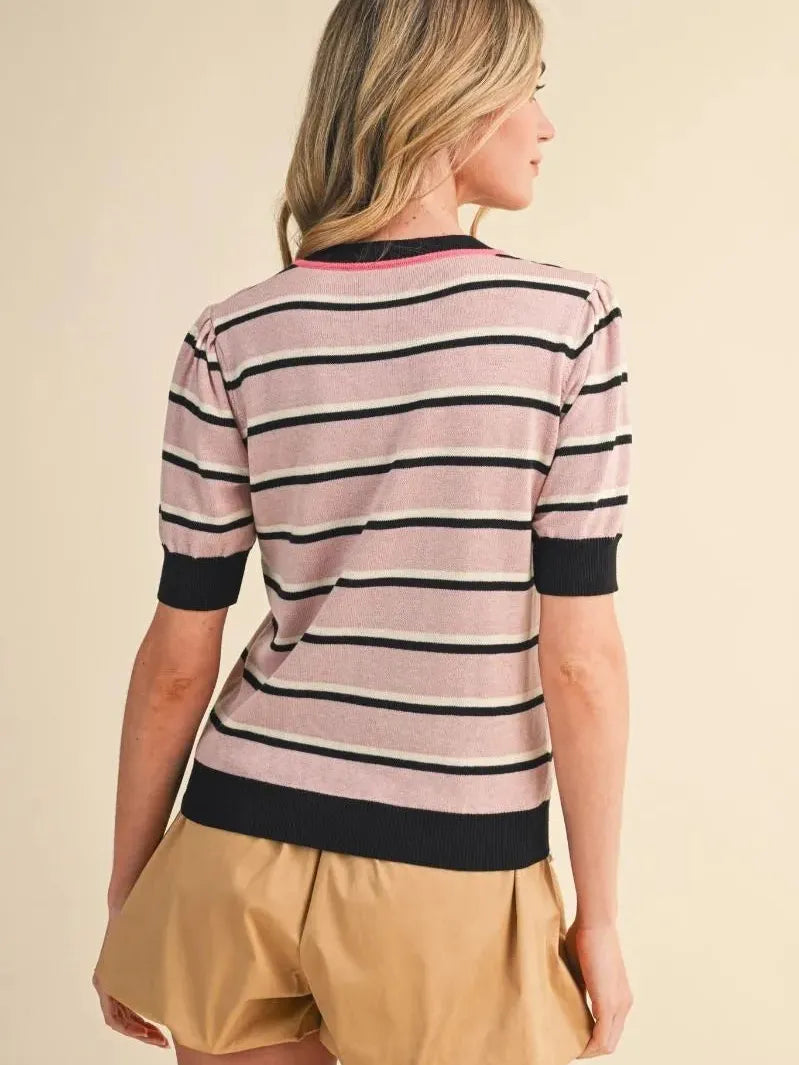 Stripe It Up Pink & Black Short Sleeve Knit Sweater Top-Women's Shirts & Tops-Shop Z & Joxa